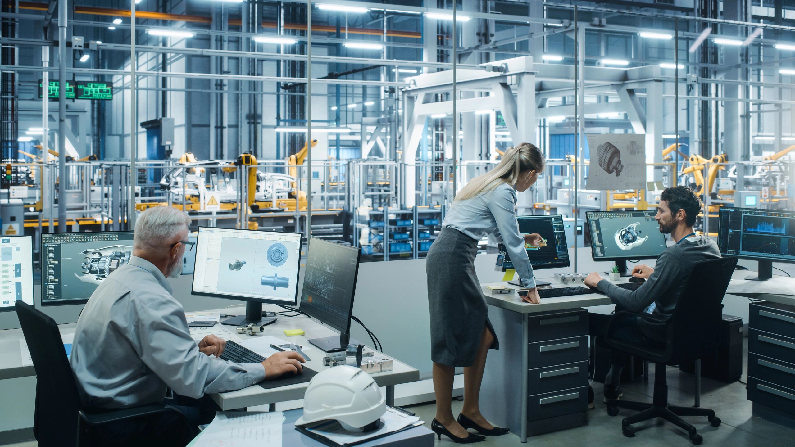 Project manager and engineer working in an automotive factory office