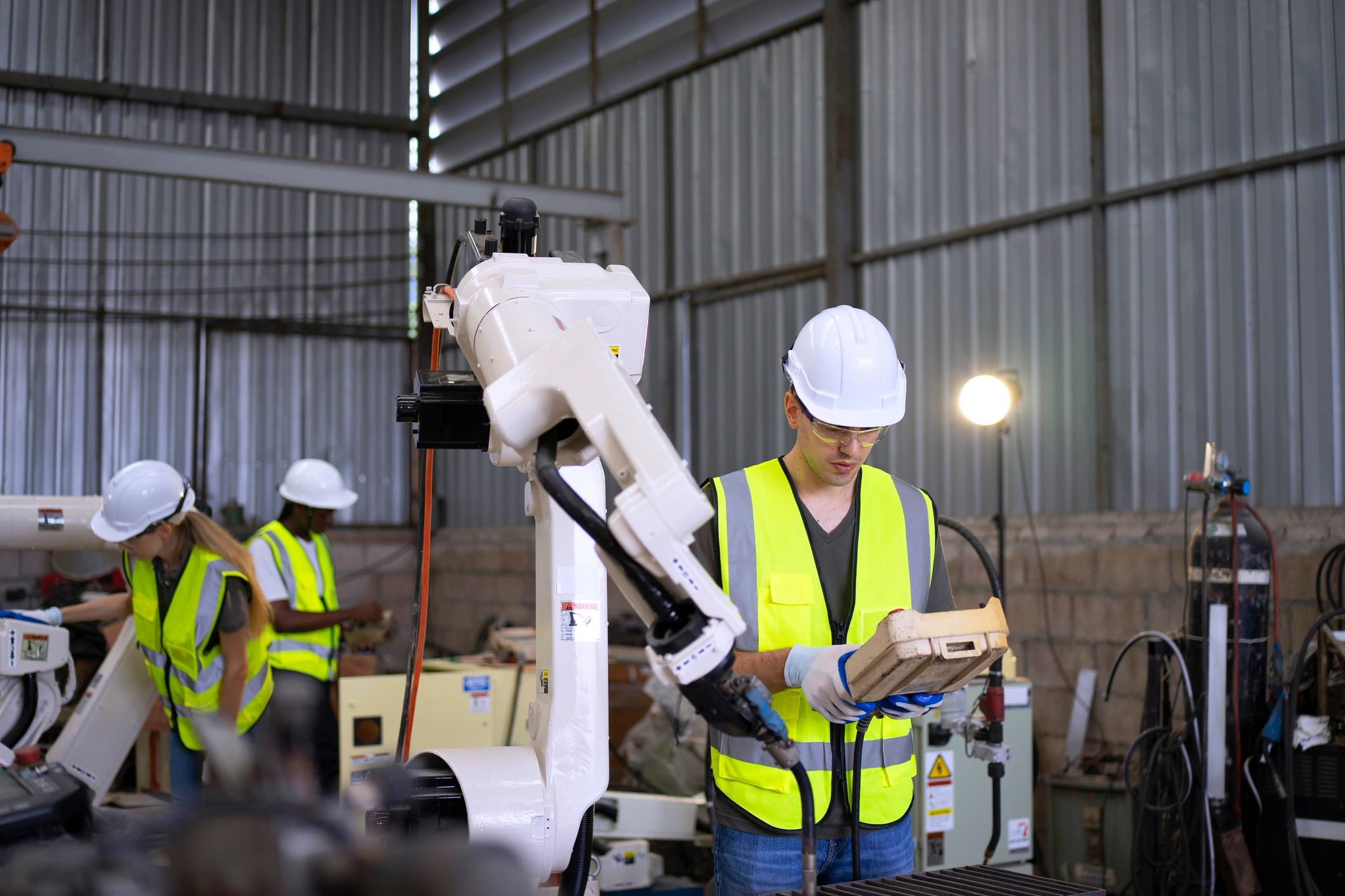 Manufacturing team working alongside robotic welding equipment